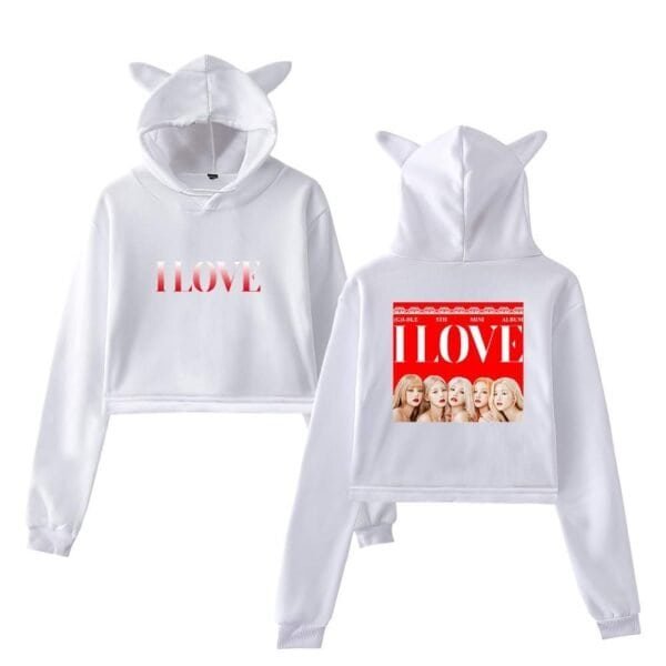 Premium white hoodie and sweatpants set with cute cat ears, featuring "I LOVE" text and a photo of four women, designed for stylish, high-quality, affordable merchandise.