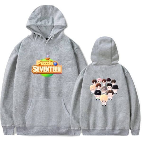 Puzzle SEVENTEEN cartoon graphic hoodie, unisex grey sweatshirt with vibrant front logo and fun back character design. Perfect for fans of K-pop merchandise and casual style. High-quality material at an affordable price.