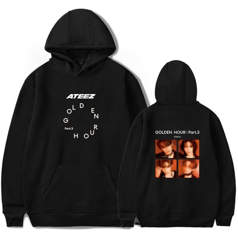 High-quality black hoodie featuring bold white text and a colorful album cover design, perfect for fans seeking affordable and stylish merch. Durable, comfortable, and budget-friendly.