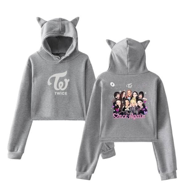 Comfy grey TWICE hoodie with cute cat ears, perfect for fans, affordable high-quality merchandise, stylish and cozy, great for everyday wear and fan gatherings, featuring TWICE logo and group illustration.