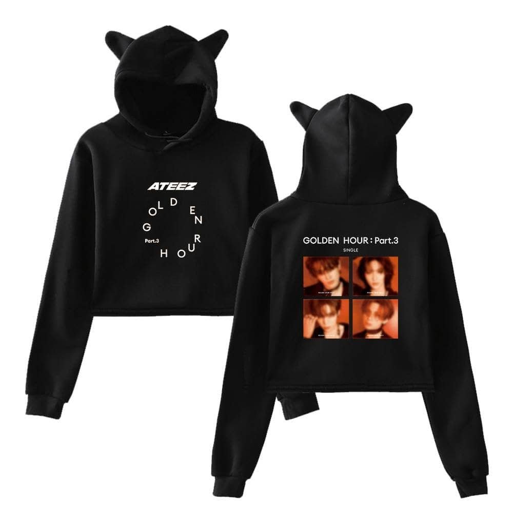 Soft black hoodie with cute cat ears hood and stylish graphic print, offering affordable high-quality merch for fans of K-pop and streetwear.