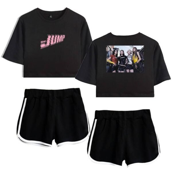 Cheap high quality merch, stylish streetwear set featuring a graphic crop top, a photo print t-shirt, and comfortable sports shorts, perfect for casual and trendy looks.