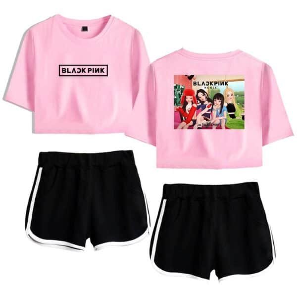 Black pink merchandise set featuring pink cropped t-shirts with Black Pink logo and girl group image, paired with black athletic shorts with white trim. Stylish, affordable, high-quality fashion for fans.