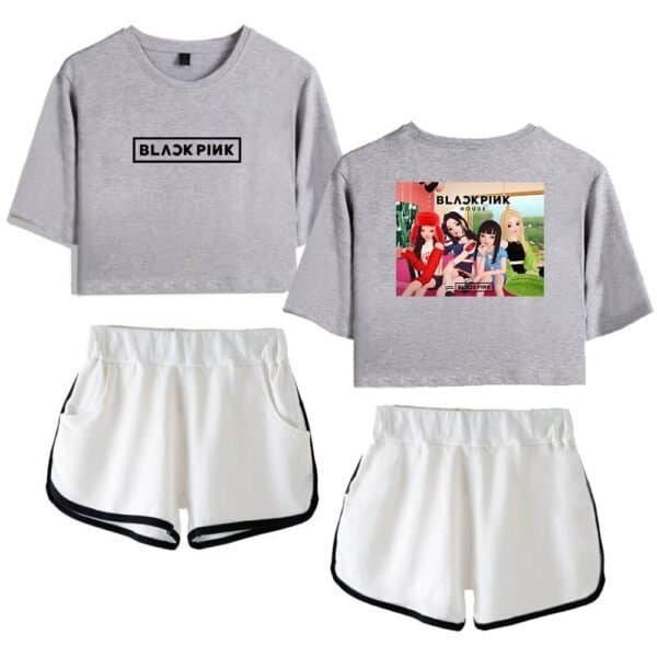 Blackpink logo sweatshirt and group graphic sweatshirt with matching white shorts, trendy and affordable high-quality merch for fans.