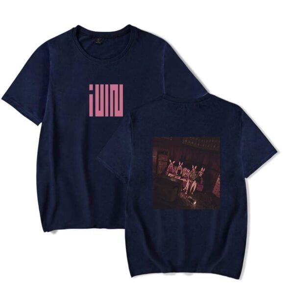 Juno t-shirt with pastel pink logo and graphic print of people wearing bunny masks, casual streetwear style, soft cotton material, trendy and affordable merchandise, high-quality print and fabric, perfect for fans of unique fashion.