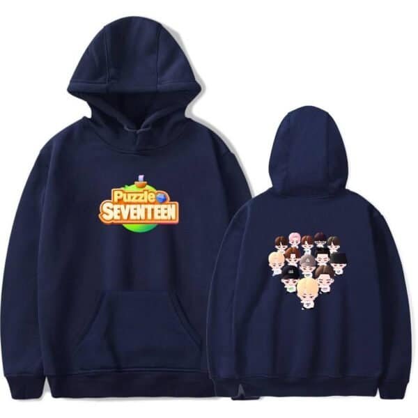 Puzzle SEVENTEEN hoodie with colorful logo on front and cartoon group members on back, made of affordable high-quality materials, perfect for K-pop fans.
