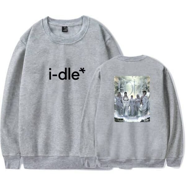 I-dle sweatshirt with K/DA group photo print on back, casual and comfortable, affordable high-quality merch for fans and collectors.