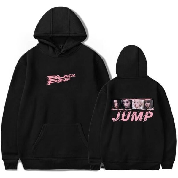 Black hoodie with pink graphic text and women's photos, trendy and affordable high-quality merchandise for fans and streetwear enthusiasts.