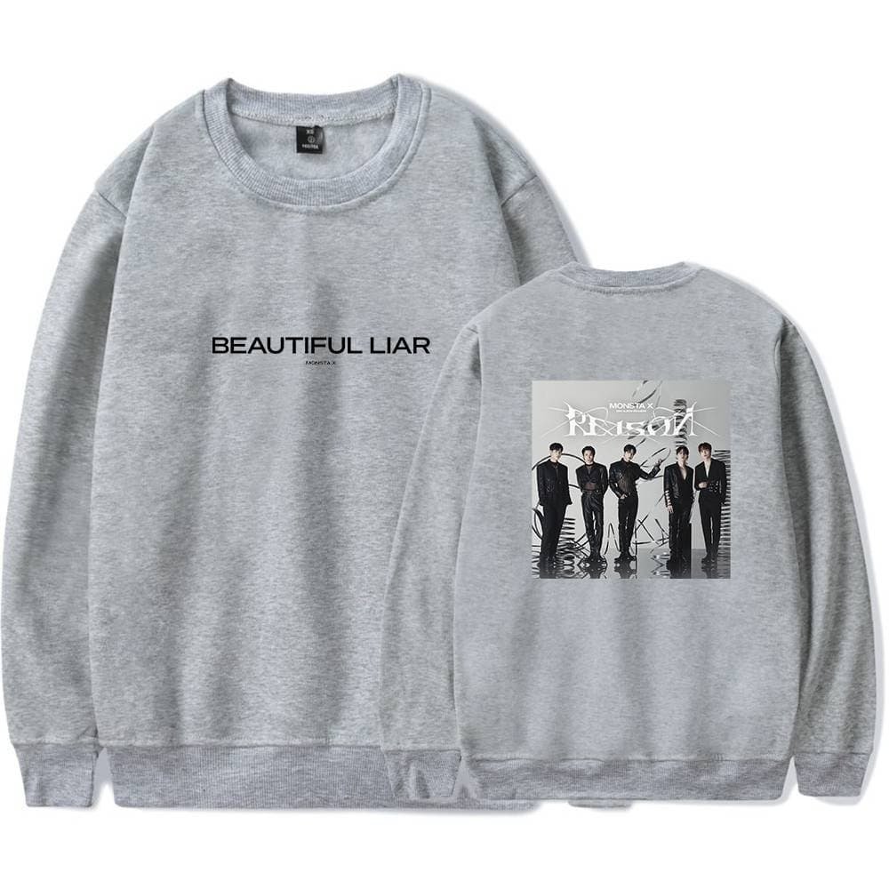 Cheap high quality merch sweatshirt featuring "Beautiful Liar" text on the front and a monochrome band graphic on the back, available in various sizes and comfortable for everyday wear.
