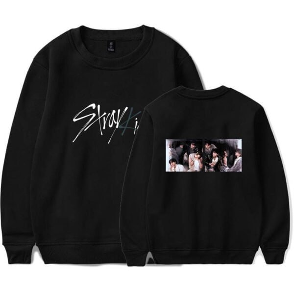 Skz4Life black crewneck sweatshirt with band members' photo on back and stylish text on front, made of affordable, high-quality material, perfect for K-pop fans.