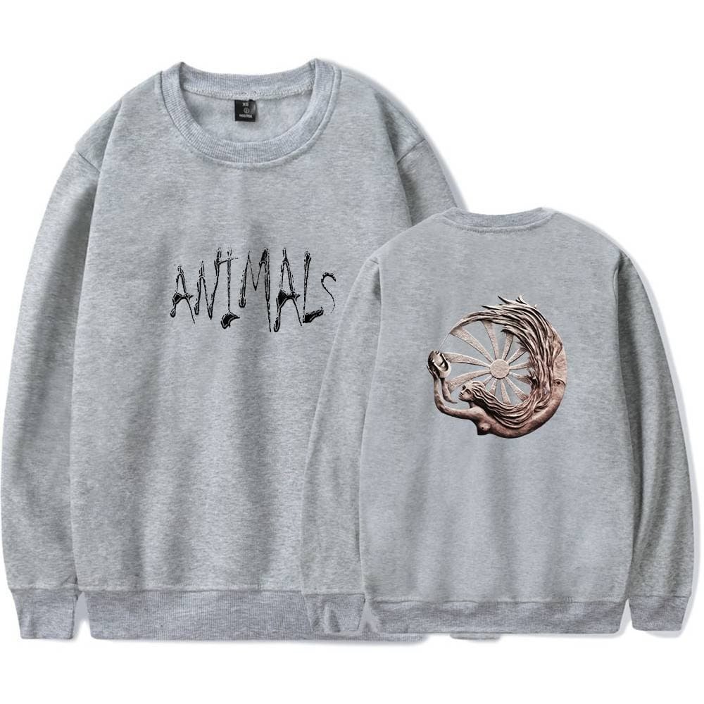 Grey sweatshirt with "Animals" text on front and a mystical horse with a chariot design on back, casual and affordable high-quality merch.
