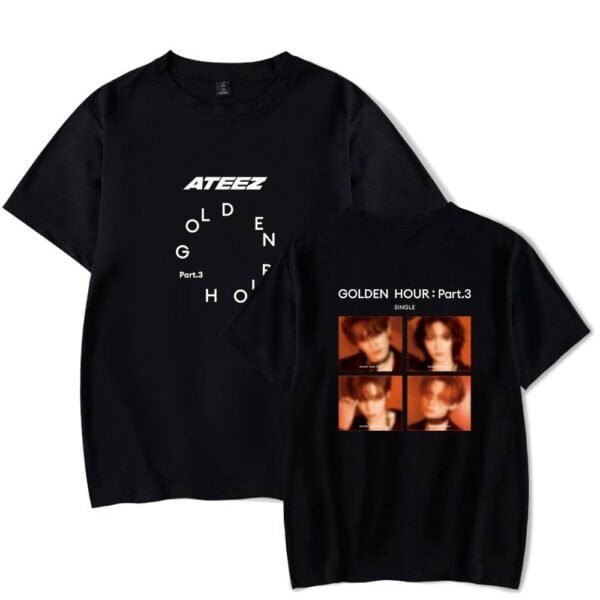Aesthetic black T-shirts featuring bold graphic designs and images, budget-friendly prices for high-quality merchandise, perfect for fans of K-pop and streetwear fashion.