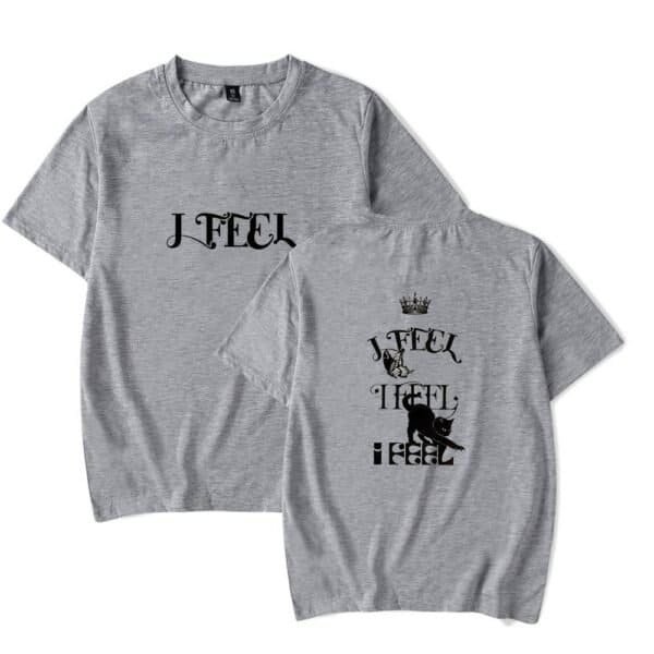 J FEEL grey t-shirt with black graphic text and design, casual and stylish.