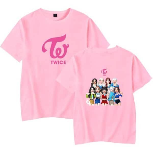 Twice merchandise, pink trendy t-shirts, affordable high-quality apparel, K-pop group TWICE, colorful cartoon design featuring group members.
