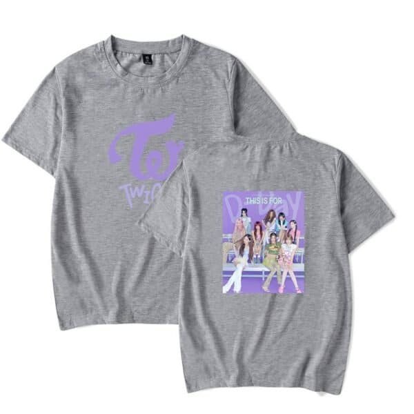 Tweety girl group merchandise t-shirt, grey casual wear, cheap high quality merch, unisex fit, soft fabric, official TWICE design, vibrant front and back print, perfect for fans, affordable price, trendy and comfortable.