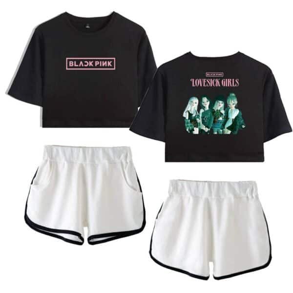 Black Pink band graphic crop hoodie and girls' shorts set, stylish and affordable streetwear for fans, high-quality material, comfortable fit, perfect for casual wear or concerts.