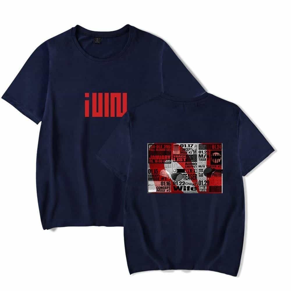 Iund shirt with bold red graphic design on the front and a collage poster on the back, featuring text and images for a trendy streetwear look.