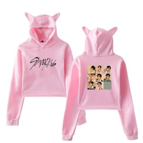 Hoodie with cat ears and graphic print, pink, soft fabric, stylish and comfortable for fans of K-pop or trendy streetwear.