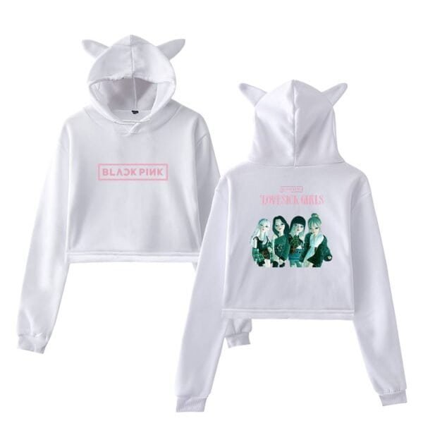 High-quality white hoodie with cute cat ears on the hood, featuring a stylish BLACKPINK logo and a graphic of popular girl group characters, perfect for fans seeking affordable and trendy merch.