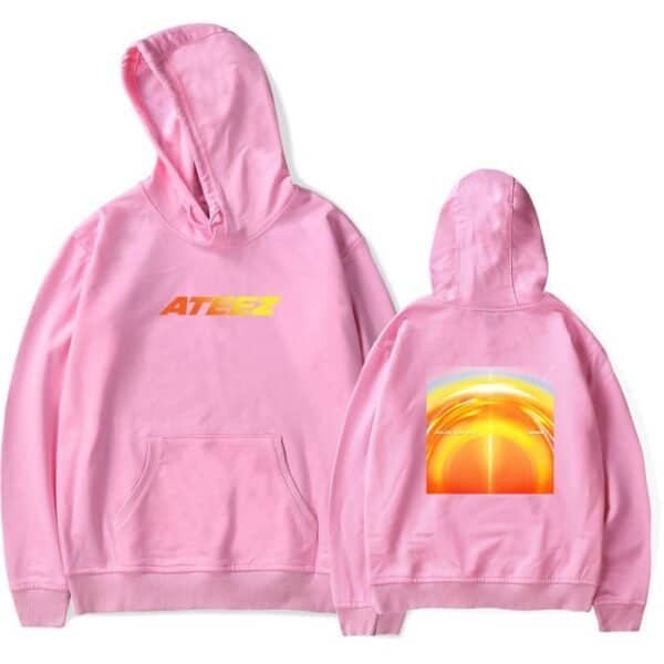 Ateez pink hoodie with vibrant graphic and logo, stylish and affordable fan merchandise.