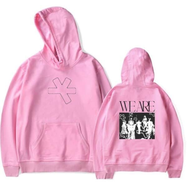 Affordable high-quality pink hoodie featuring a minimalist embroidered symbol on the front and a bold graphic design on the back, perfect for streetwear or casual style.