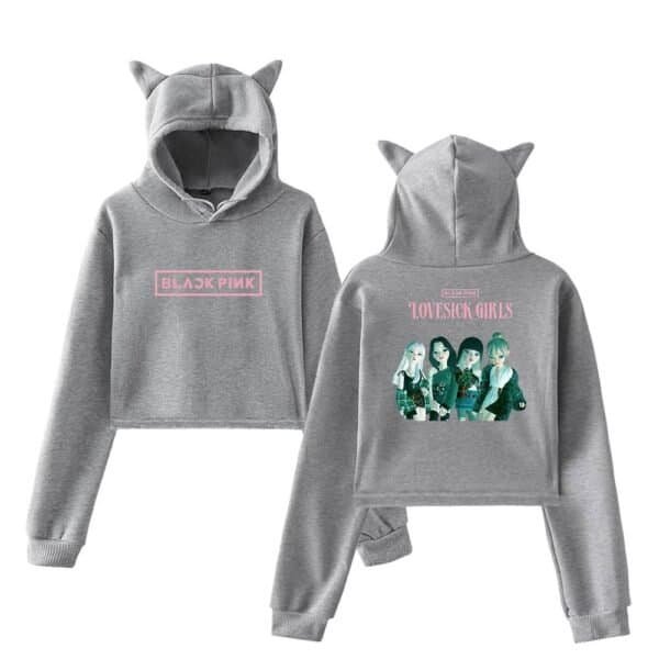 Black Pink oversized hoodie set with cute animal ears on hood, featuring the group's logo and cartoon-style members, perfect for affordable trendy merch.