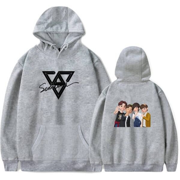 Stylish grey hoodie featuring a trendy geometric triangle design on the front and a cartoon illustration of four characters on the back, perfect for affordable high-quality merch.