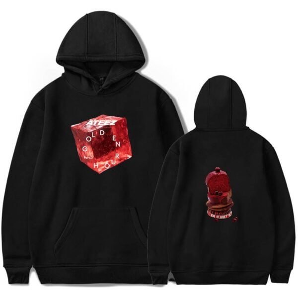Ateez olden hour hoodie with red cube and ice cream scoop graphic, high-quality, affordable merchandise.