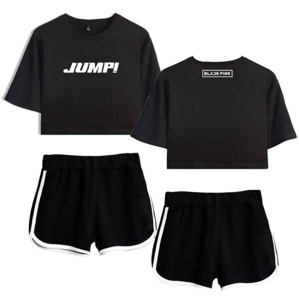 Jumper-style black crop top and athletic shorts with contrasting white trim, casual sporty look, affordable high-quality apparel, perfect for fitness or everyday wear, stylish and budget-friendly.