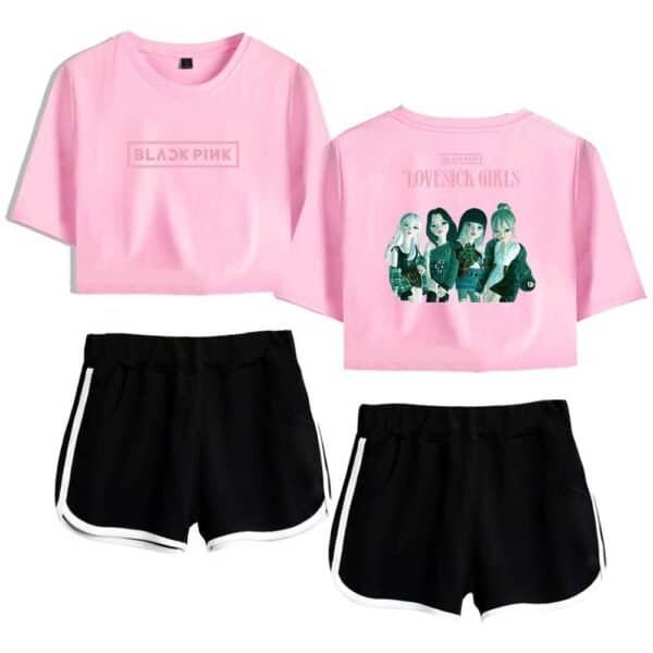 Pink BLACKPINK crop top and TLOVEING GIRLS graphic tee paired with black athletic shorts with white side stripes, affordable and high-quality merchandise for fans of the K-pop group.