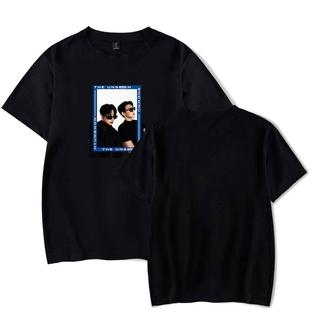 Black graphic t-shirt featuring a photo of two young men with sunglasses, perfect for affordable trendy apparel, high quality, and stylish.