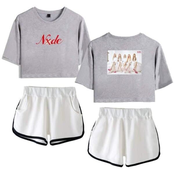 Comfy gray crop top with red stylish text, casual white athletic shorts with black trim, trendy loungewear set, affordable high-quality matching casual outfit, youthful and fashionable summer wear.