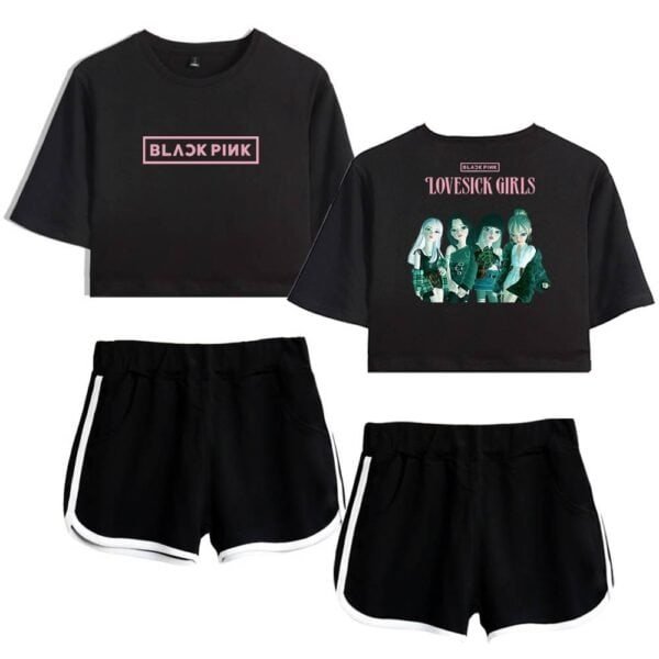 Black Pink graphic crop tops and shorts set, affordable high-quality merchandise. Perfect for fans looking for stylish, inexpensive, and durable casual wear or concert outfits.
