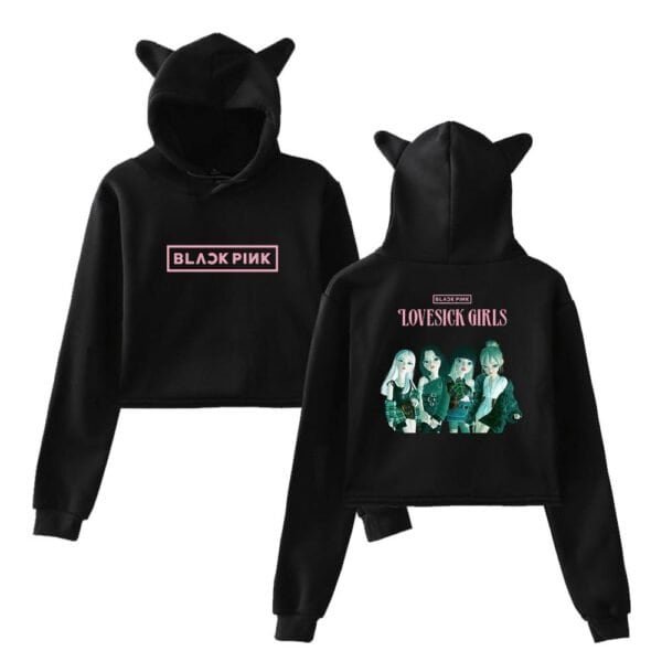 Black pink hoodie with cartoon girl design, trendy and affordable, perfect for fans of K-pop and stylish casual wear, high quality material at a low price.