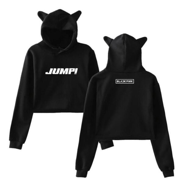 Jump hoodie with cat ears, black high-quality sweatshirt featuring bold text print, stylish and affordable for fans of streetwear and music merchandise.