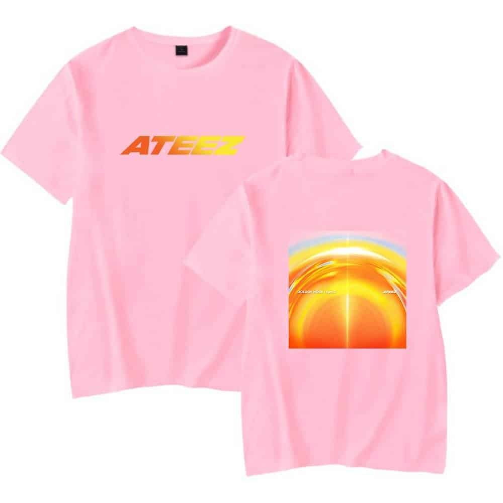 AteeZ pink graphic t-shirt with vibrant sunset design on back and bold text on front, affordable high-quality merch option.