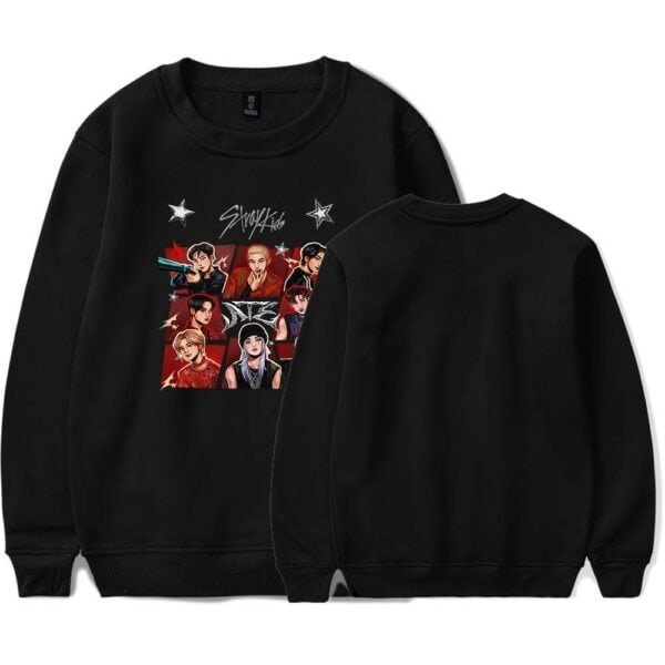 Sweatshirt with graphic design of popular K-pop group, fashionable and affordable, high-quality cotton material, unisex style, ideal for fans of Stray Kids, casual wear, stylish merch, budget-friendly price for premium looks.