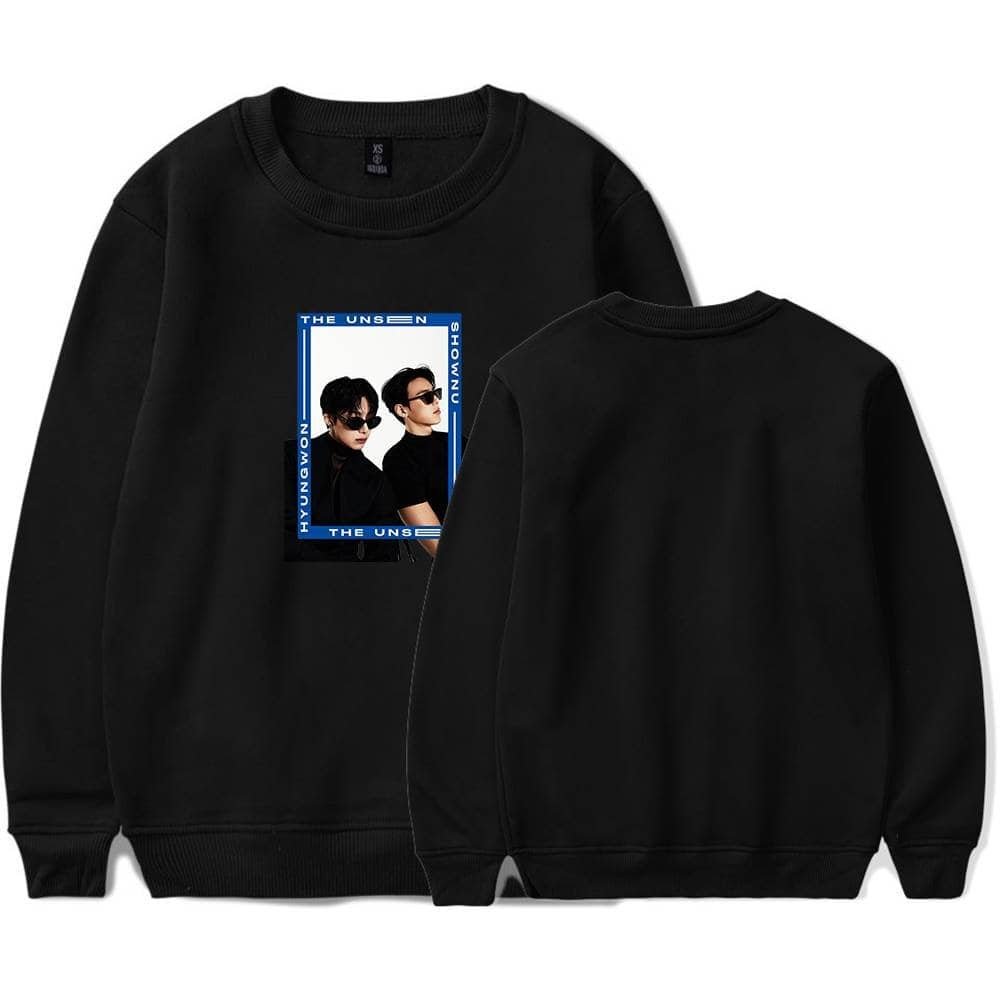 Affordable high-quality graphic black sweatshirt featuring a stylish photo of two individuals wearing sunglasses, perfect for casual wear and shows off trendy merchandise.