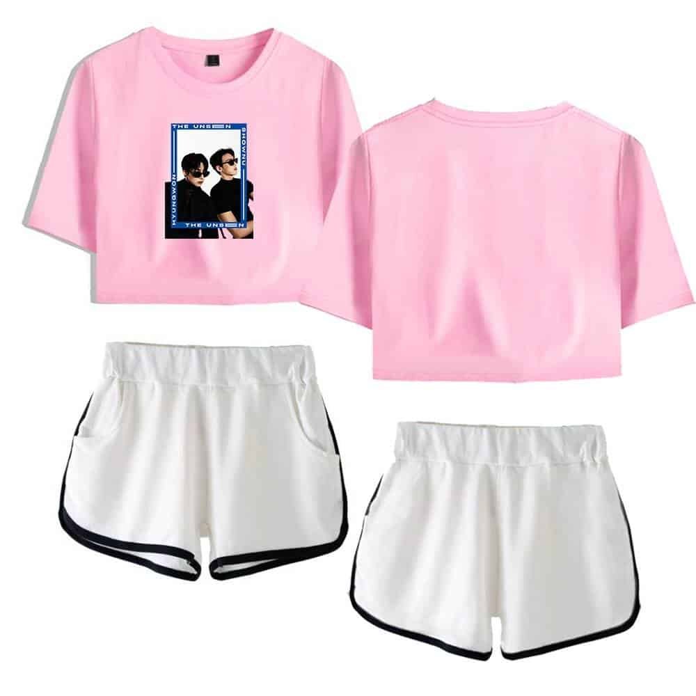 Affordable high-quality pink graphic t-shirt with matching white athletic shorts featuring black trim. Perfect for casual wear and active lifestyles. Stylish, comfortable, and budget-friendly.