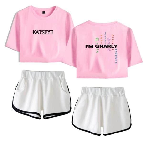 KATSEYE pink crop top and white shorts set, stylish and affordable high-quality merchandise.