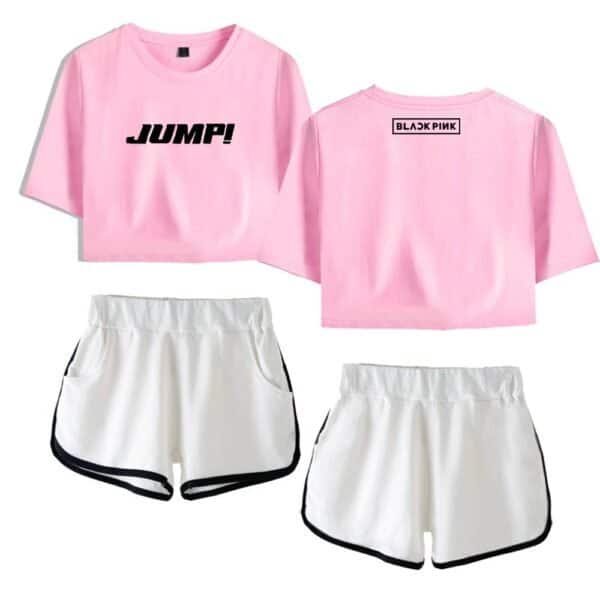 Jump pink cropped t-shirt with black bold text, paired with white athletic shorts with black trim, affordable high-quality merchandise perfect for casual wear and active lifestyles.