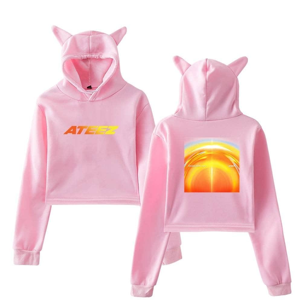 Comfy pink hoodie set with "ATEEZ" logo and vibrant sunset graphic, featuring adorable cat ear details on the hood, made from high-quality, affordable materials for stylish casual wear.