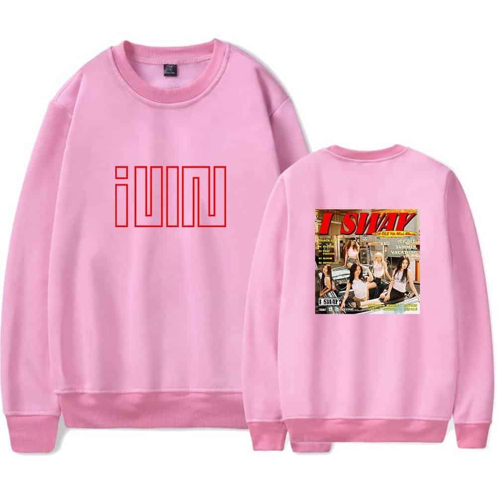 IUIN pink sweatshirt with bold graphic print on front and back promoting affordable, high-quality merchandise. Perfect for fans or streetwear enthusiasts seeking stylish, inexpensive clothing options.