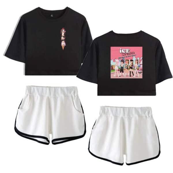 Black graphic ice cream crop top and shorts set, inexpensive yet high-quality casual summer apparel, perfect for fans of cute cartoon designs and comfortable streetwear fashion.