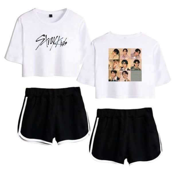 Black shorts with white side stripes and casual graphic t-shirts featuring K-pop group photos and text, perfect for affordable and stylish merch.