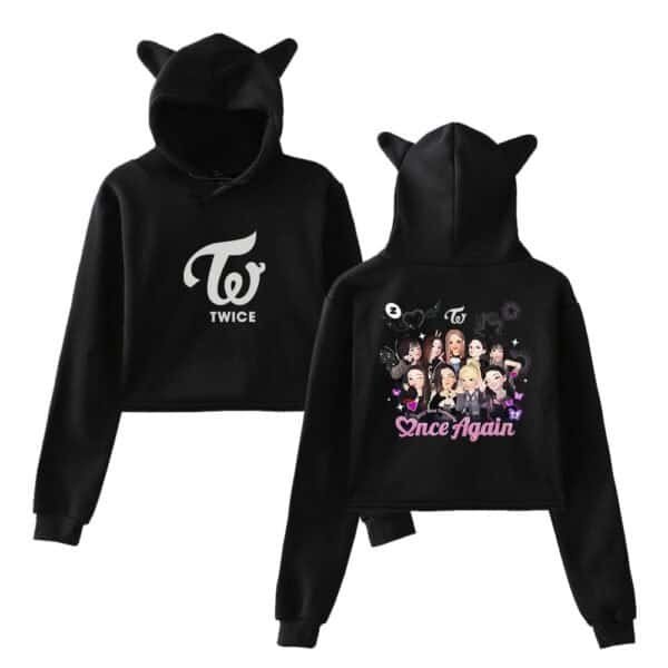 Black hoodie featuring TWICE logo and cartoon graphic, with cat ear hood for a trendy look. High quality material, affordable price, perfect for TWICE fans.