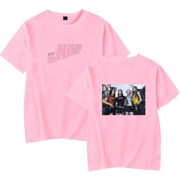 Cheap high quality merch, pink graphic t-shirt with a printed photograph of four women dressed in trendy streetwear, ideal for fans and casual wear, affordable and stylish.