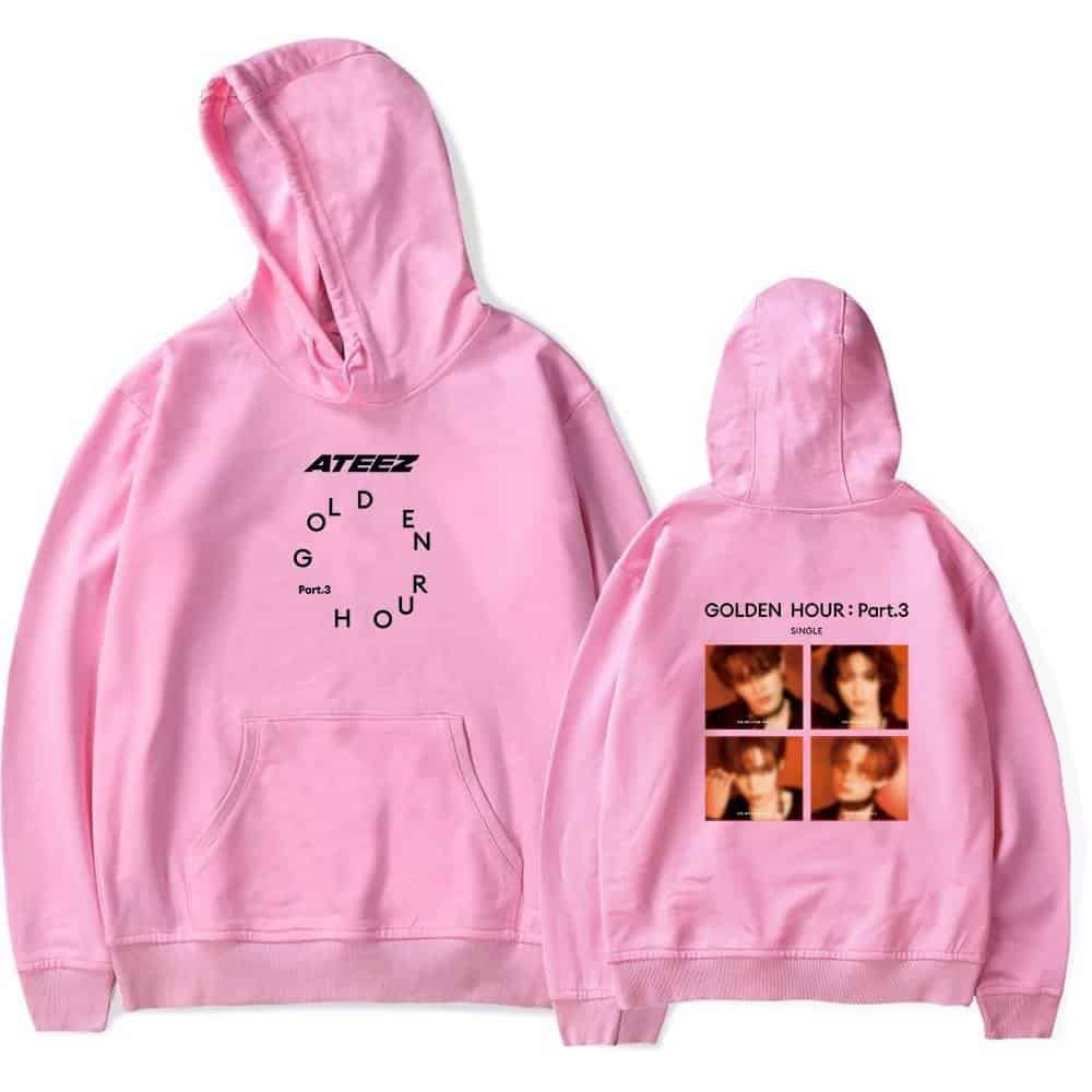 Pink hoodie with "ATEEZ" and album artwork design, made of affordable, high-quality fabric, perfect for K-pop fans. Stylish, comfortable, and budget-friendly merch.