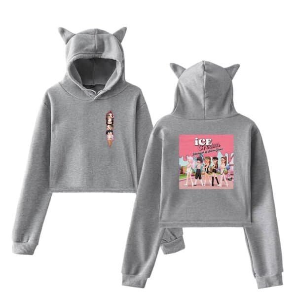 Comfy gray hoodie with cute ice cream graphics and cat ear hood, perfect for casual wear and with affordable high quality materials.