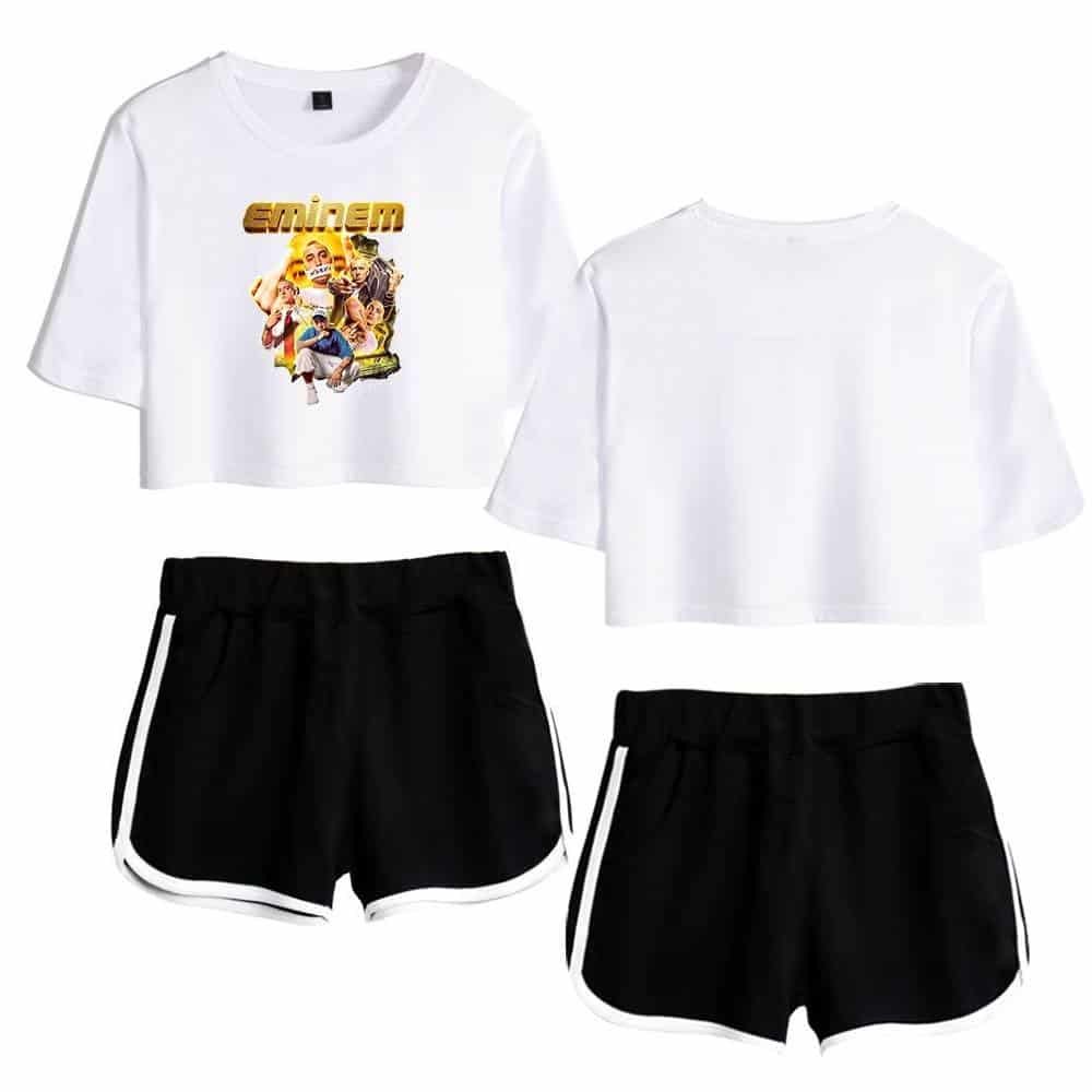 Eminem concert T-shirt with graphic print, black athletic shorts with white trim, stylish and affordable merchandise, perfect for music fans and casual wear.